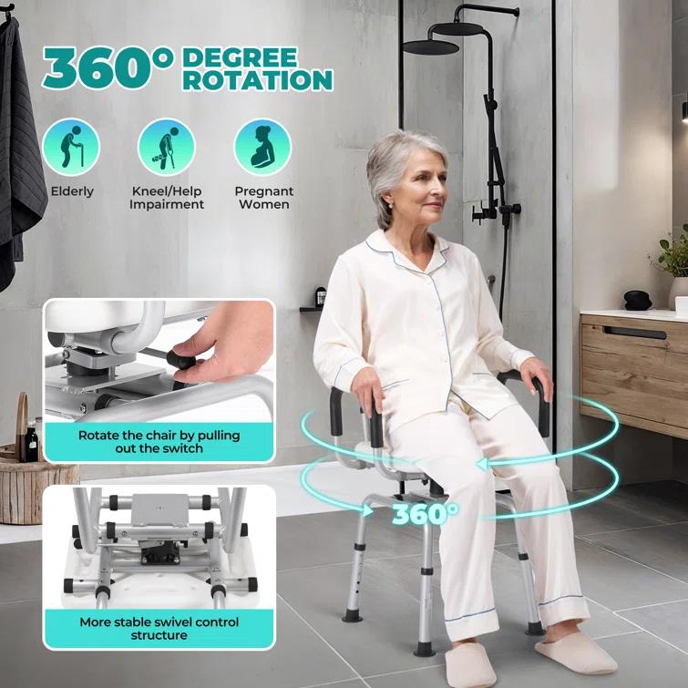 MARNUR 360 Degree Swivel Shower Chair, Adjustable Height Rotating Seat Bathtub Chair With Armrests And Back, White DR3194