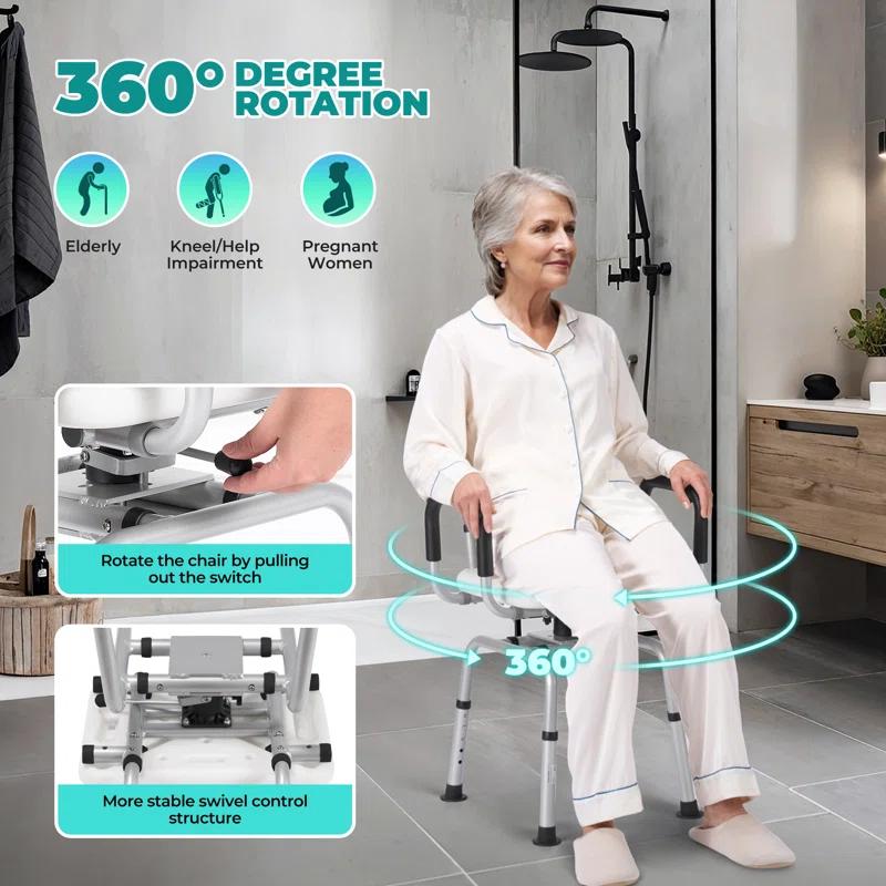 MARNUR 360 Degree Swivel Shower Chair, Adjustable Height Rotating Seat Bathtub Chair With Armrests And Back, White DR3194