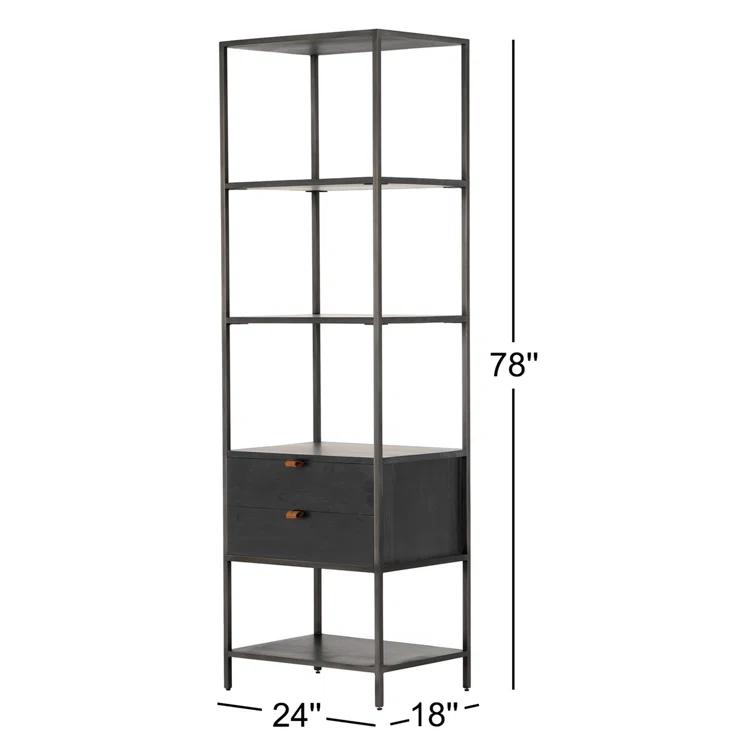Contemporary Black Wash Poplar Bookshelf with Leather Pulls