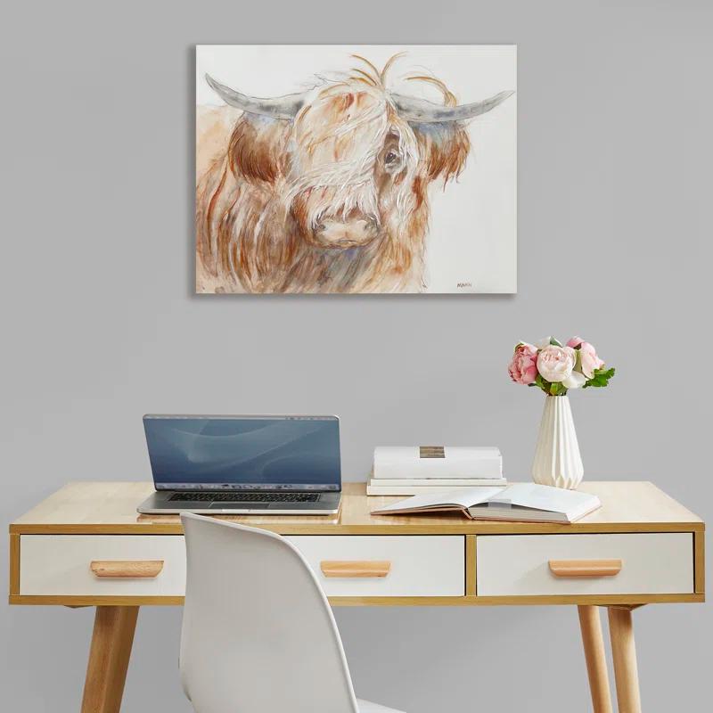 Union Rustic Windswept Hand Embellished Highland Bull Canvas Wall Art
