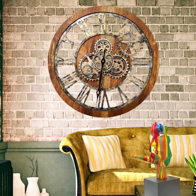 Wall Clock 24" Round Oversized for Living Room decor with Real Moving Gears America Collection