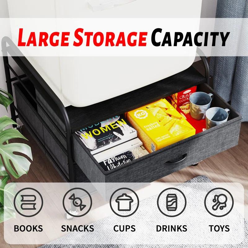 Hokku Designs 2 Drawer Dresser, 120LBS Fabric Storage Tower, 2 Drawer Storage Cart, Mini Fridge Stand With Storage, Metal Frame Iron Top