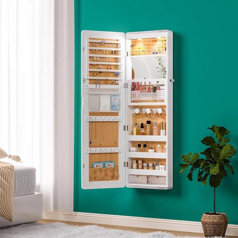 Hokku Designs LED Mirror Jewelry Cabinet,47.2" Wall Mounted Jewelry Organizer with Full-Length Mirror,Over The Door Hanging Jewelry Armoire Storage Cabinet,Folding Dresser,2 Drawers,Lockable, 3 Shelves(White)