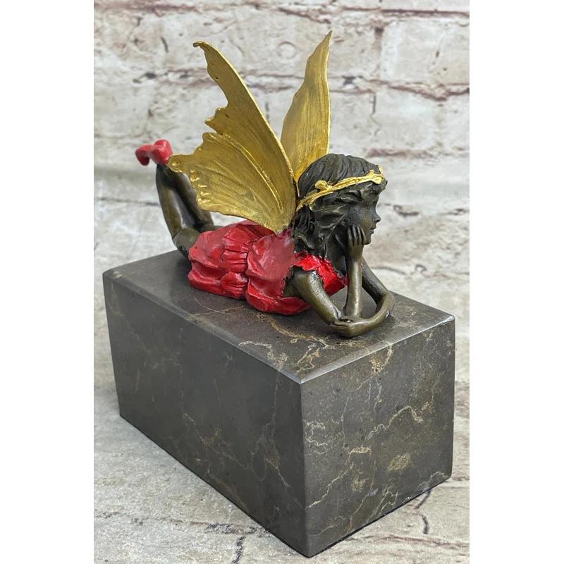 Trinx Kachri Colorful Resting Fairy Girl Child Bronze Metal Figurine Sculpture On Marble Base