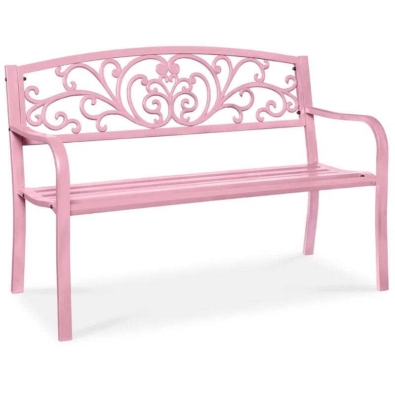 World Menagerie Outdoor Steel Bench with Floral Backrest & Slatted Seat, Marigold for Garden, Patio, Porch, Lawn, and Deck