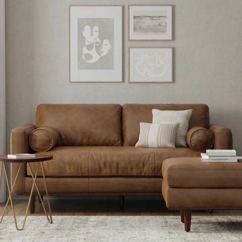 Simpli Home Morrison Genuine Leather Sofa, Mid-Century Modern Couch for Living Room, Handcrafted with Removable Cushions