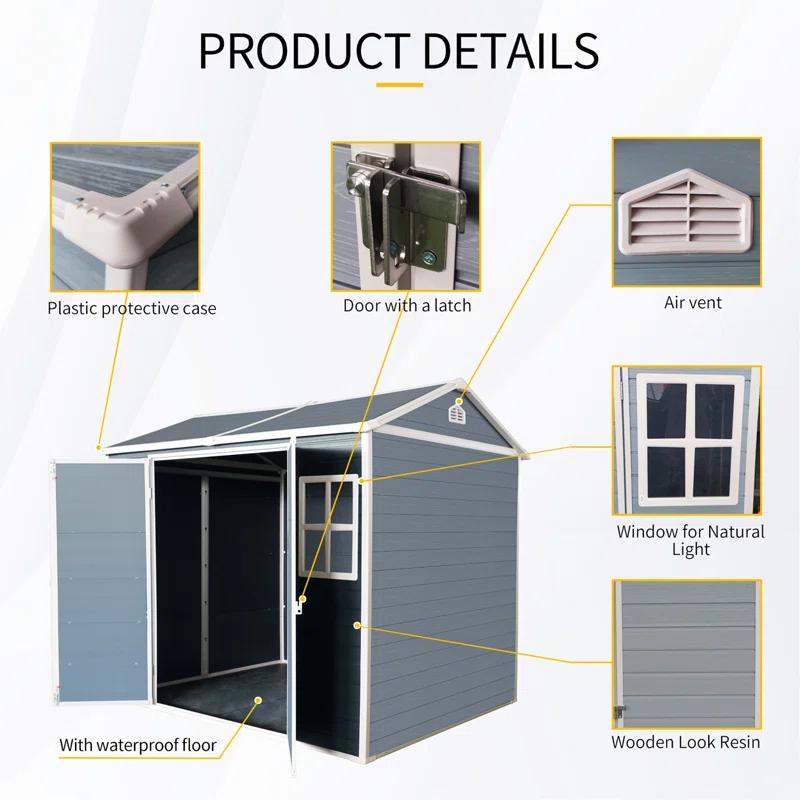 Tryimagine 8 X 6 Ft Resin Outdoor Storage Shed Waterproof Shed With Floor & Two Windows & Lockable Door, Tool Shed For Garden, Patio, Backyard