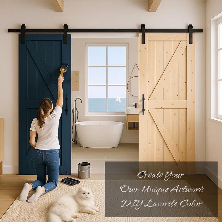 S&Z TOPHAND S&Z TOPHAND Unfinished British Brace Knotty Barn Door with Sliding Door Hardware Kit/Solid Wood/Sliding Door/Double Surfaces/A Simple Assembly is Required