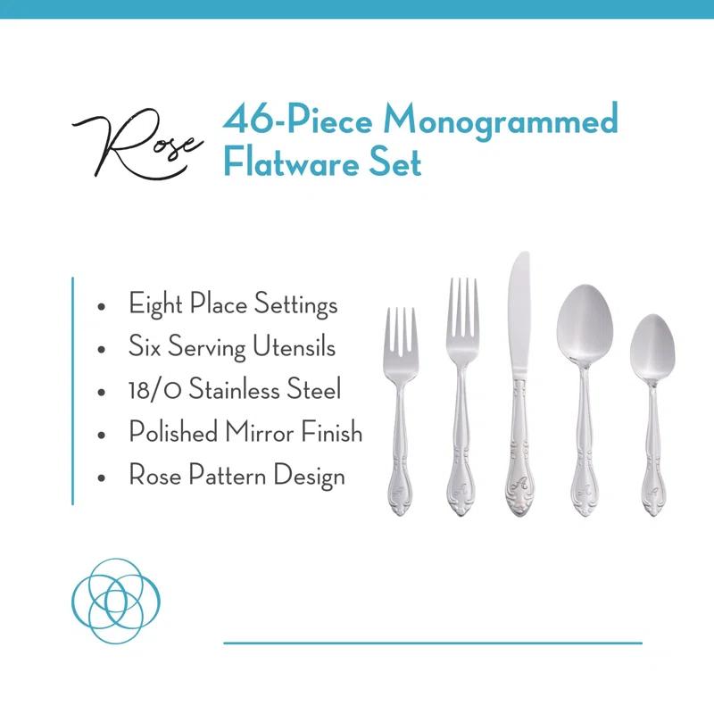 RiverRidge Home RiverRidge Rose Flatware 46-Piece Monogrammed Stainless Steel Silverware Set for 8