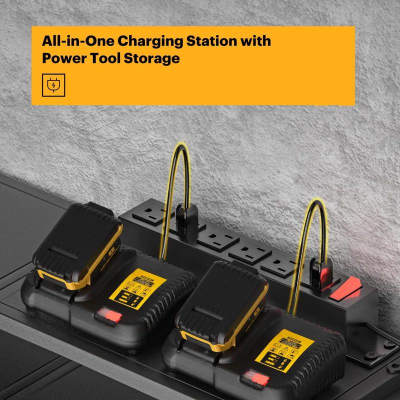 UNIVERSAL WINDOW SOLUTIONS Power Tool Organizer With Charging Station, 8 Drill Holder Wall Mount, 4 Layer Storage Rack For Garage Storage, Heavy Duty Utility Racks, Tool Battery Shelf With 6 Outlet Power Strip
