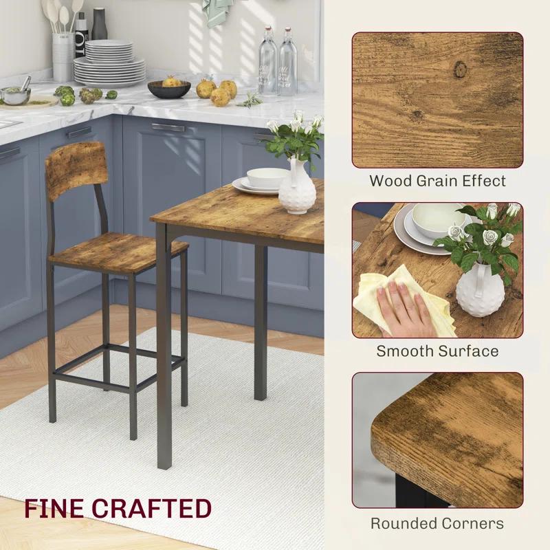 17 Stories 3 Piece Square Industrial Small Dining Table Set, Bar Table and Chairs Set, Rustic Brown and Black
