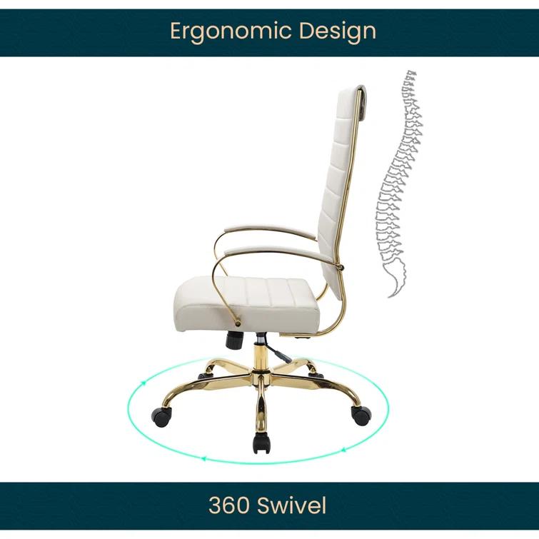 Everly Quinn Humairaa Leather Office Chair – Executive Task Chair with Swivel, Adjustable Height & Gold Base for Home Office or Conference Room