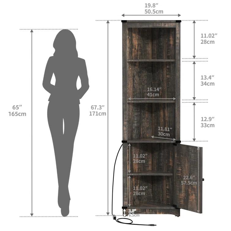 Gracie Oaks Aspenn 67" H Corner Bookcase with LED Light, Corner Storage Cabinet with Adjustable Shelf