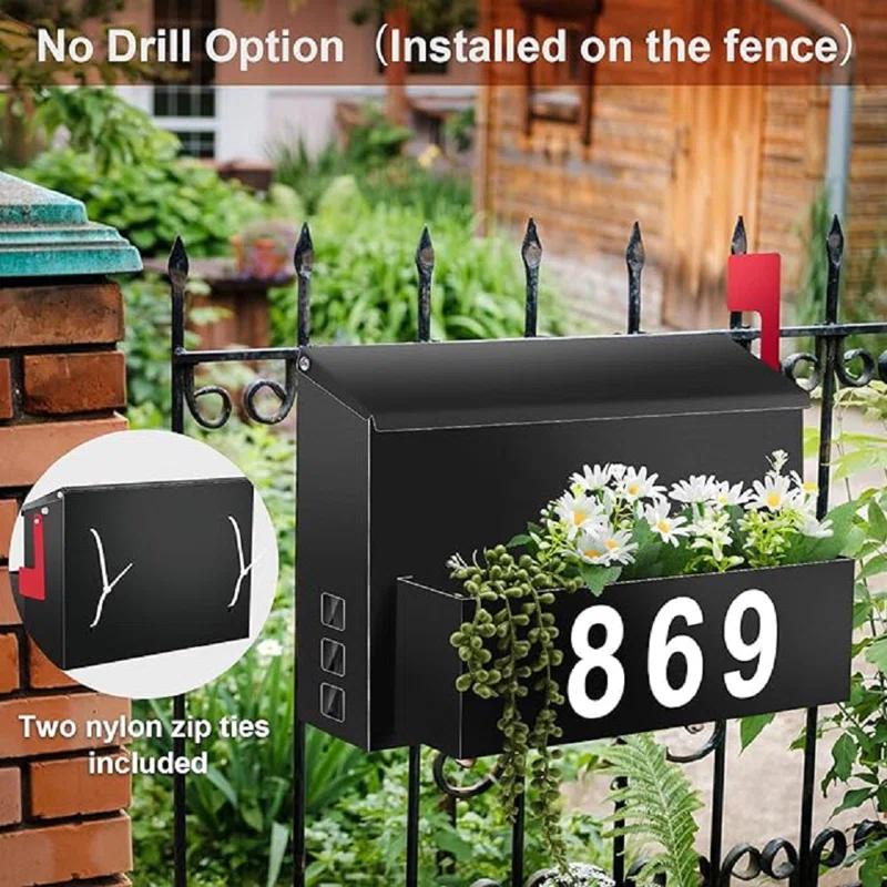 RIZPET Wall-Mount Mailbox With Flag, Large Capacity Mailboxes For Outside House With Planter & 3 Sets Of 0-9 Mailbox Number Stickers, Galvanized Steel Rust-Proof Post Box Metal Mail Box, 9.8"H
