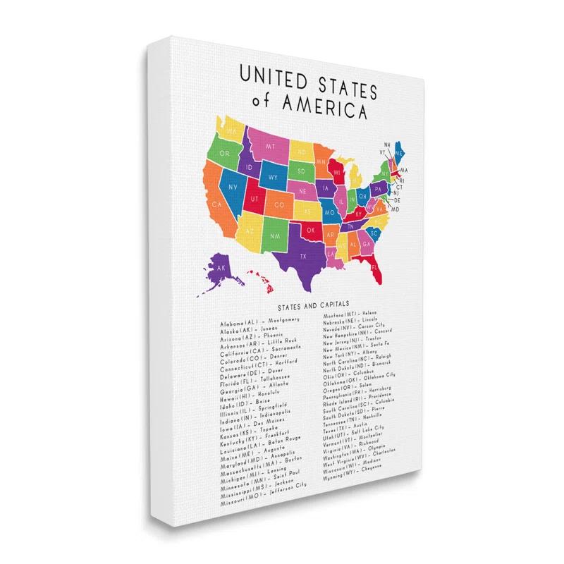 Stupell Industries " USA Map State Abbreviations And Capitals Playful Tones " by Anna Quach