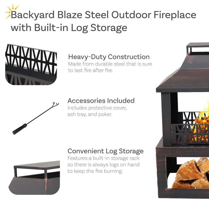 Lark Manor™ Courter 29" Rectangle Bronze Finish Steel Outdoor Fireplace with Log Storage