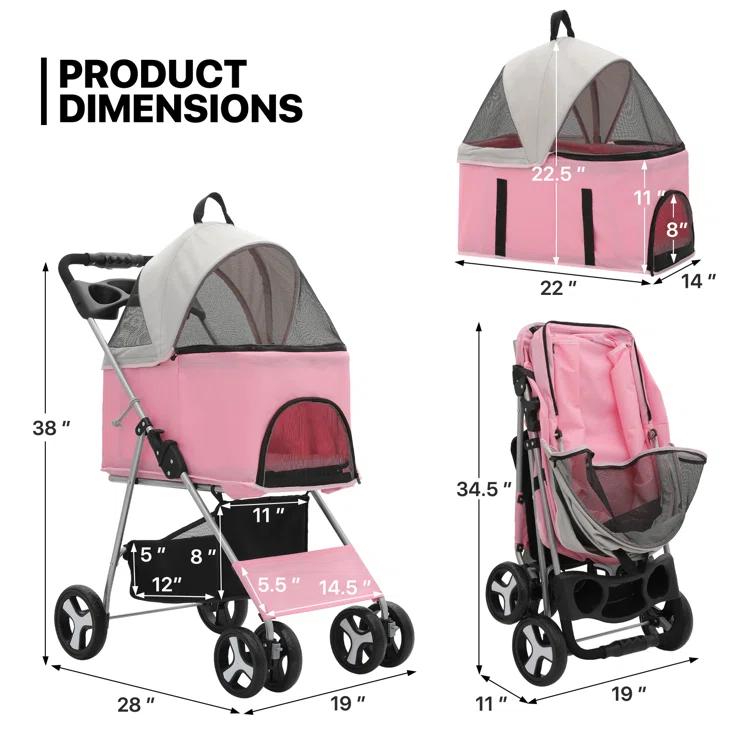 MoNiBloom Folding Pet Stroller, Foldable Dog Jogger Stroller with Detachable Carrier, Basket and Cup Holder