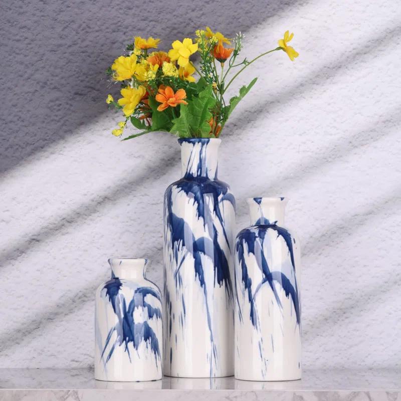 Orren Ellis Blue Ceramic Vase Set Of 3 - Decorative Navy Blue And White Vase For Centerpieces, Farmhouse And Home Decor - Ideal For Living Room, Kitchen, Bedroom, Dining Table And Office Decor