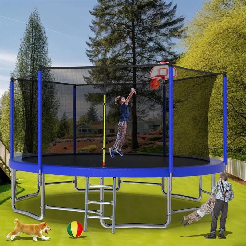 16FT Trampoline With Balance Bar  And  Basketball Hoop And Ball, ASTM Approved Reinforced Type Outdoor Trampoline With Enclosure Net