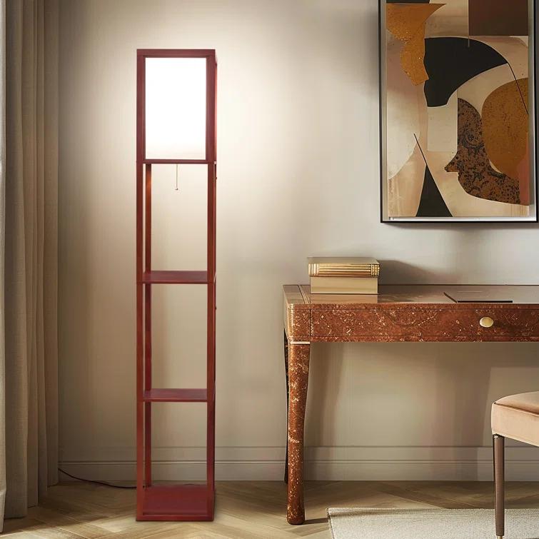 Brightech Maxwell 63" Modern LED Shelf Floor Lamp with Walnut Brown Finish, 3 Tiers, and Fabric Square Shade, Bulb Included