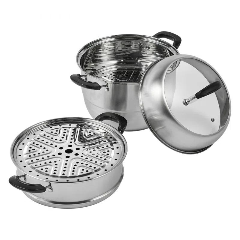 Stellweilan Tessberg Steamer Pot 11in/28cm, 3 Tier Steamer Pot for Cooking with 8.5QT Stock Pot, Vegetable Steamer & 2 Steaming Tray, Food-Grade 304 Stainless Steel Food Steamer Cookware for Gas Electric Stove Grill