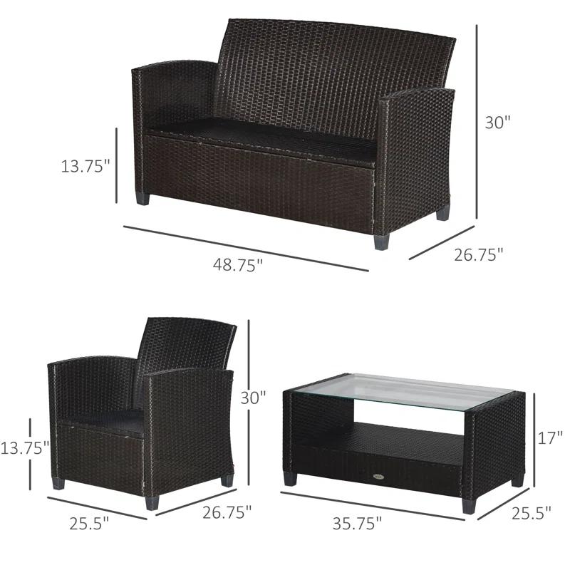 Outsunny 4-Piece Patio Furniture Set, Rattan Wicker Chair W/ Table, Outdoor Conversation Set With Cushion For Backyard, Porch, Or Garden, Blue