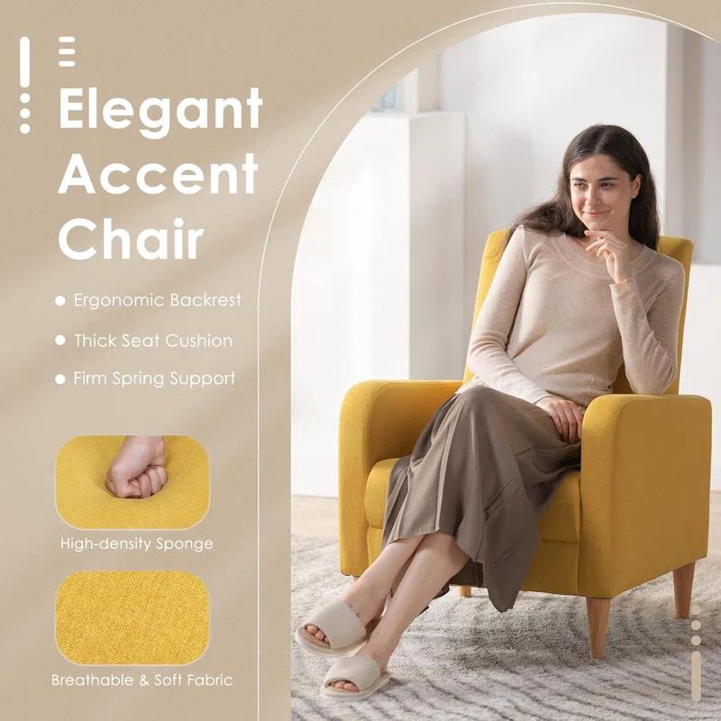 Hokku Designs Modern Upholstered Accent Chair Armchair with Pillow, Fabric Reading Living Room Side Chair,Single Sofa with Lounge Seat and Wood Legs,