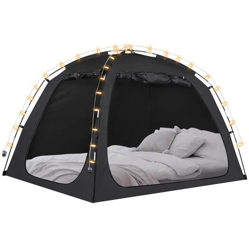 EighteenTek Bed Tent Canopy With Light Strip - Pop Up Privacy Sleeping Tent with 2 Doors, Light Reducing & Breathable Design, Portable Frame, Black