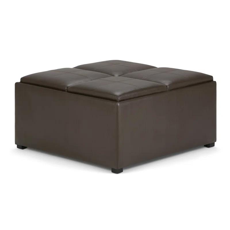 Simpli Home Avalon 35"W Upholstered Square Coffee Table Storage Ottoman with Flip-Over Trays