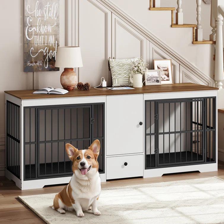 Tucker Murphy Pet™ 72.8 Inch Dog Crate Furniture For 2 Dogs, Farmhouse Double Dog Cage Furniture With Storage Cabinet And Drawer, Wooden Dog Kennel Tv Stand With Power Outlet
