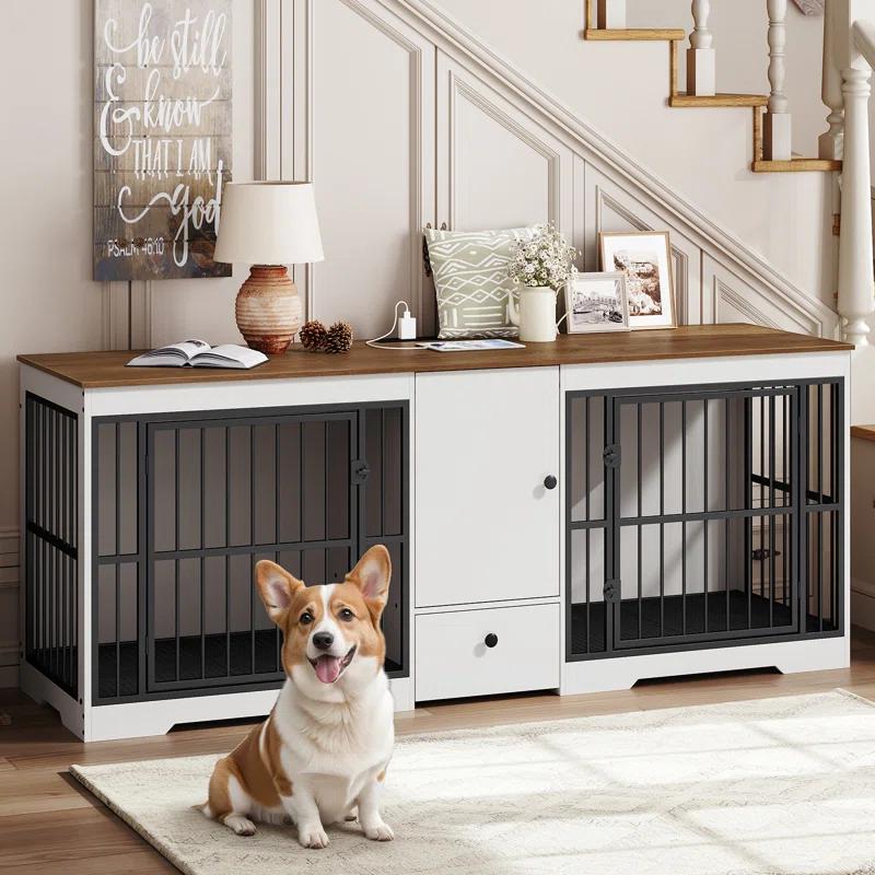 Tucker Murphy Pet™ 72.8 Inch Dog Crate Furniture For 2 Dogs, Farmhouse Double Dog Cage Furniture With Storage Cabinet And Drawer, Wooden Dog Kennel Tv Stand With Power Outlet