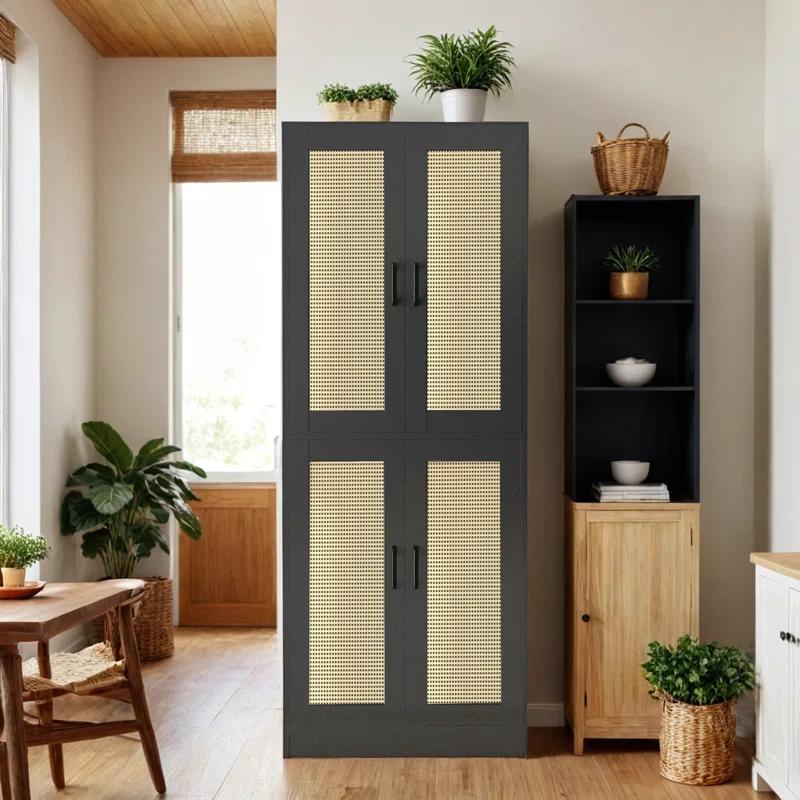 Bay Isle Home™ Rattan Kitchen Pantry Cabinet, 71" Tall Kitchen Pantry Storage Cabinet With Doors, Boho Kitchen Pantry Hutch With Storage For Kitchen, Dining Room