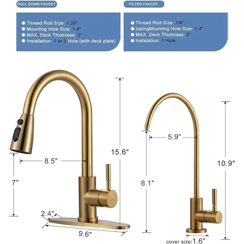 Kitchen Faucet and Water Filter Faucet Combo, WOWOW Stainless Steel Kitchen Sink Faucet with Drinking Water Faucet for Reverse Osmosis or Water Filtration System, Brushed Gold
