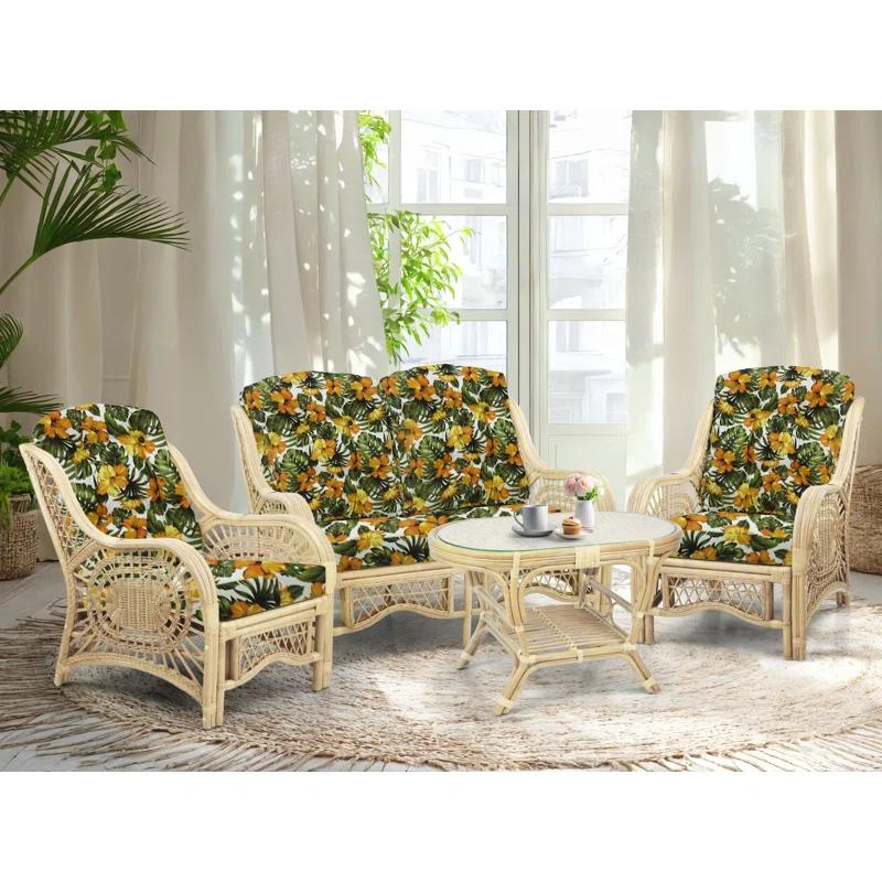 Bay Isle Home™ Malibu Lounge Set Of 4: 2 Natural Rattan Wicker Chairs, Loveseat And Coffee Table W/Glass Handmade, Natural Color