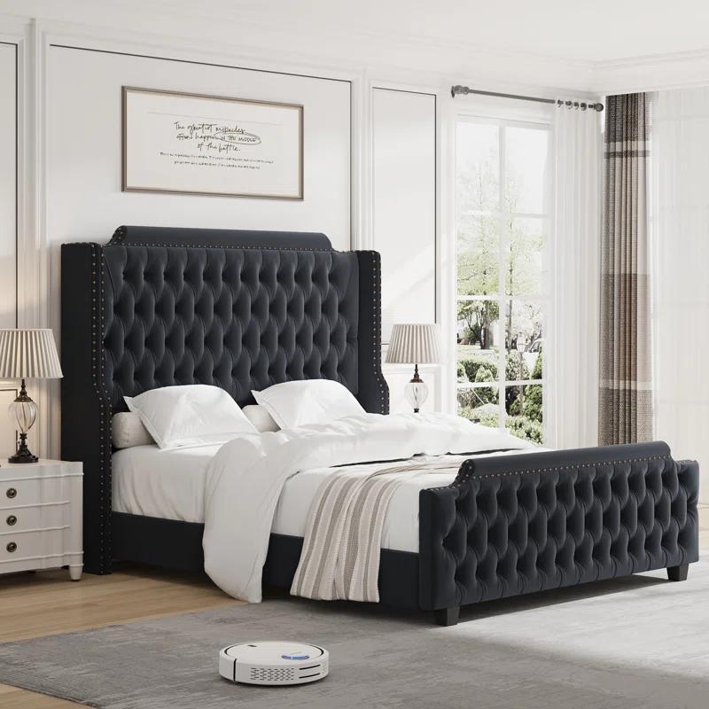 Andover Mills™ Kohlmeier Luxury Upholstered Bed, Tall Tufted Wingback Headboard with Nailhead Trim