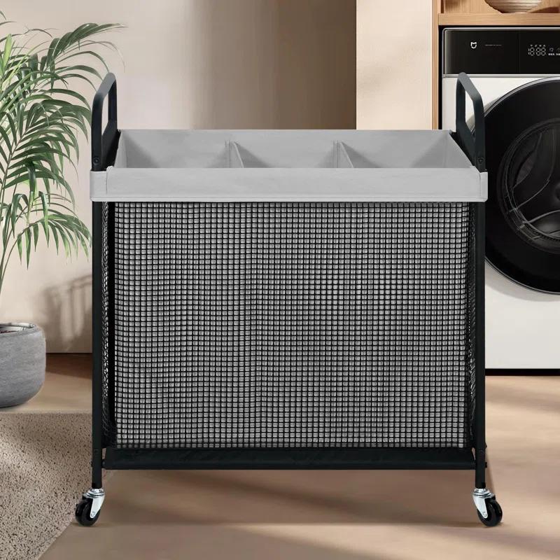 Latitude Run® Laundry Hamper 3 Section, 120L Rolling Laundry Sorter Cart With Removable And Washable Liner Bag, Rolling Clothes Hamper With Metal Handle For Laundry Room And Bedroom,