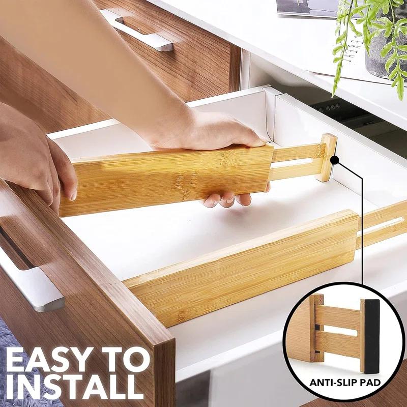 SpaceAid Adjustable Bamboo Drawer Dividers with Labels – Expandable Organizers for Kitchen, Office, Dresser, and Bathroom