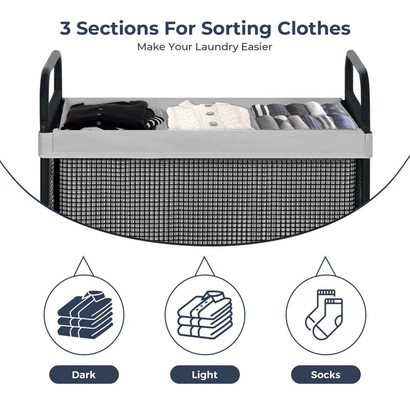Latitude Run® Laundry Hamper 3 Section, 120L Rolling Laundry Sorter Cart With Removable And Washable Liner Bag, Rolling Clothes Hamper With Metal Handle For Laundry Room And Bedroom,