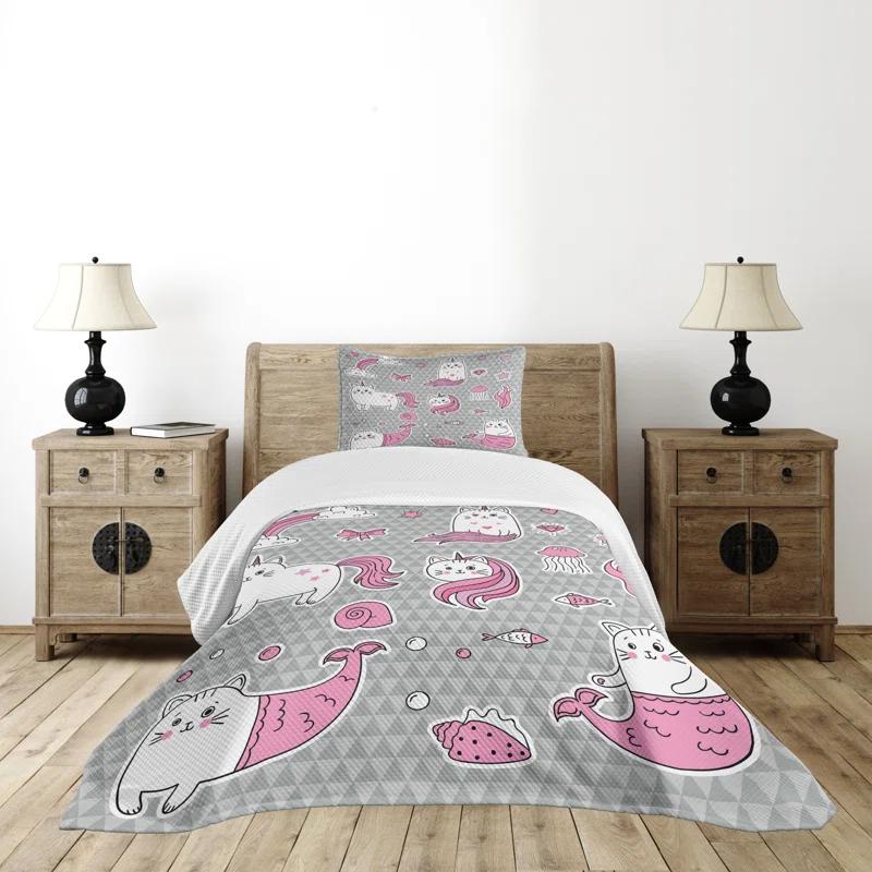 Ambesonne Ambesonne Unicorn Cat Bedspread Set Mermaid Cat Grey Pale Pink White