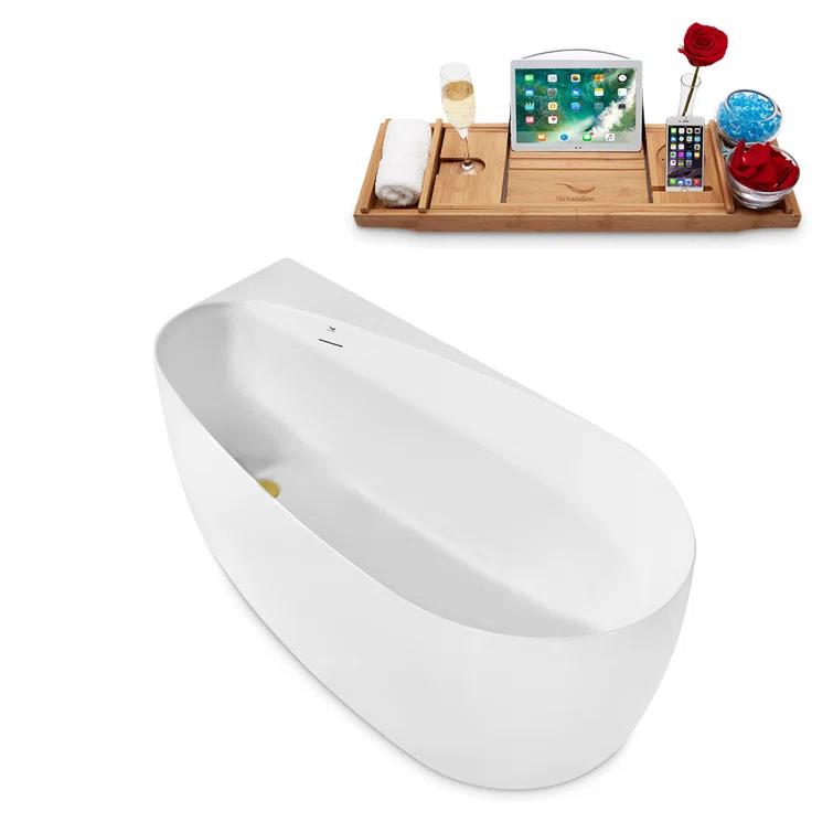 Streamline Bath 59" Streamline Freestanding Soaking Acrylic Bathtub With Drain and Bamboo Tray N2080BGL