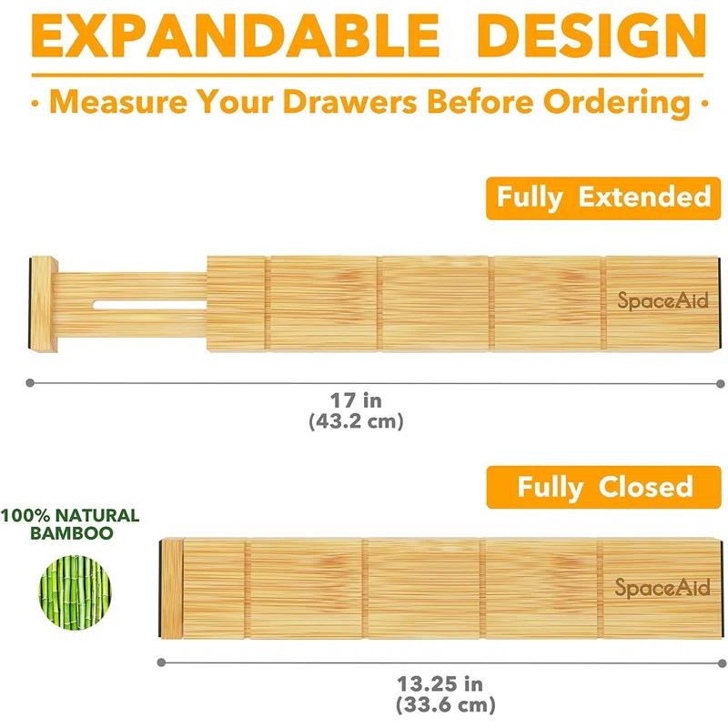 Set of 6 Bamboo Expandable Drawer Dividers with Labels,with 12 Inserts (13.25-17in)