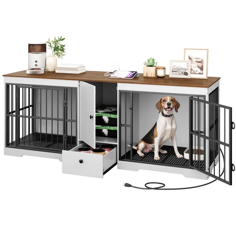 Tucker Murphy Pet™ 72.8 Inch Dog Crate Furniture For 2 Dogs, Farmhouse Double Dog Cage Furniture With Storage Cabinet And Drawer, Wooden Dog Kennel Tv Stand With Power Outlet