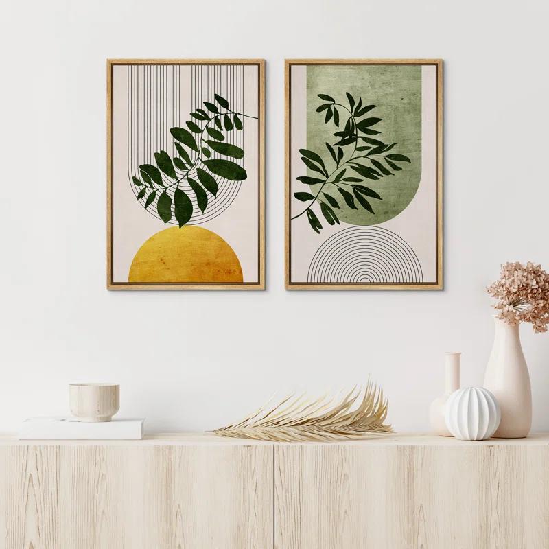 Mid Century Modern Boho Green Yellow Bright Plant Art Framed Canvas 2 Pieces Print  Wall Art Set