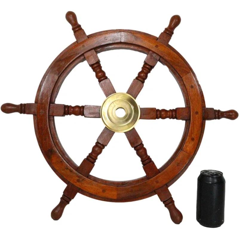Breakwater Bay Nautical Marine Vintage Wood Brass Ship Steering Helm Boat Wheel Wall Decor 23"D