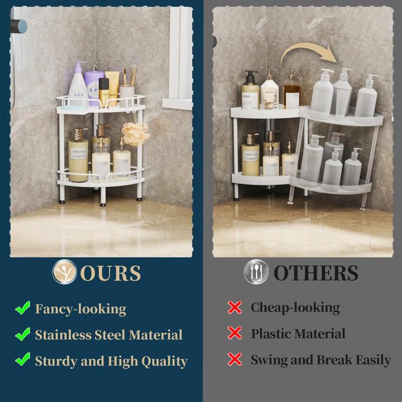 Rebrilliant Corner Shower Caddy Stand Shower Organizer With Soap Holder, Standing Tall Floor Shower Stand With Adjustable Feet & 2 Hooks, Shower Shelf Rack Storage For Bathroom,(White/2 Tier)