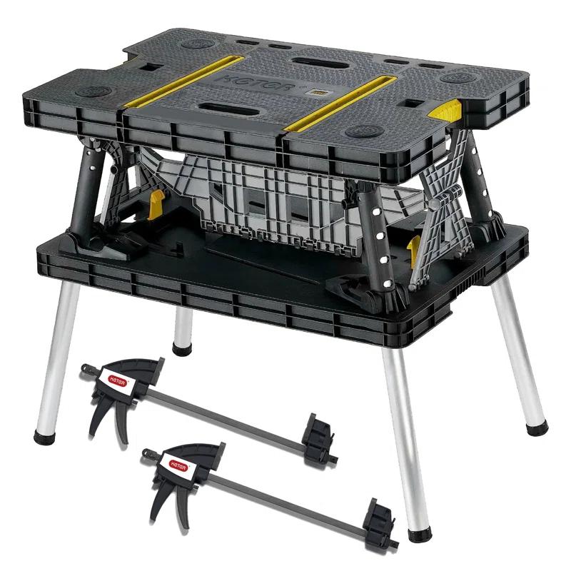 Keter Folding Portable Workbench Sawhorse with (2) 12" Clamps, Black and Yellow
