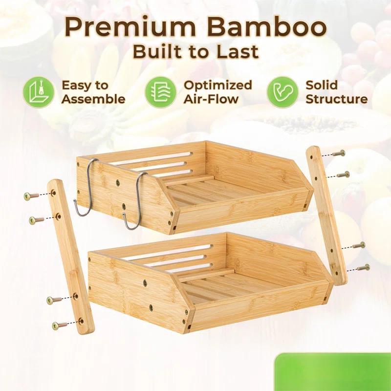 Foundry Select Fruit Basket W/Banana Hanger, 2-Tier Bamboo Fruit & Vegetable Storage Organizer For Kitchen Counter, Lightweight & Easy Assembly Countertop Fruit Stand Holder Bowl