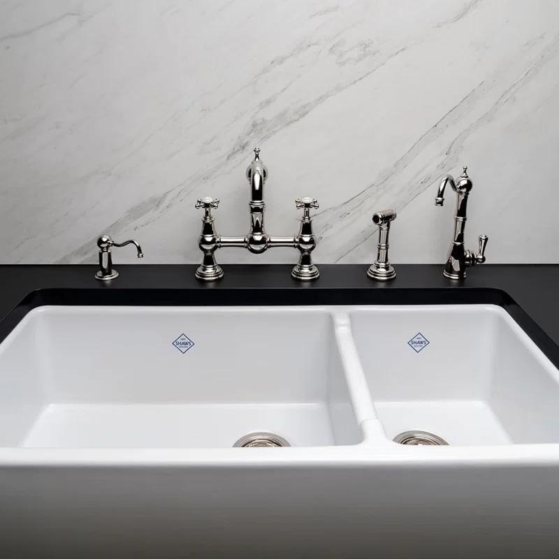 Shaws RC4019WH Lancaster 40" Double Bowl Farmhouse Apron Front Fireclay Kitchen Sink