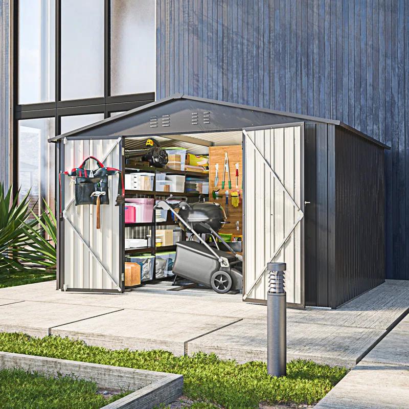 Wentygam 10X8 FT Outdoor Storage Shed, All Weather Metal Sheds With Lockable Doors, Tool Shed For Garden, Patio, Backyard, Lawn, Black