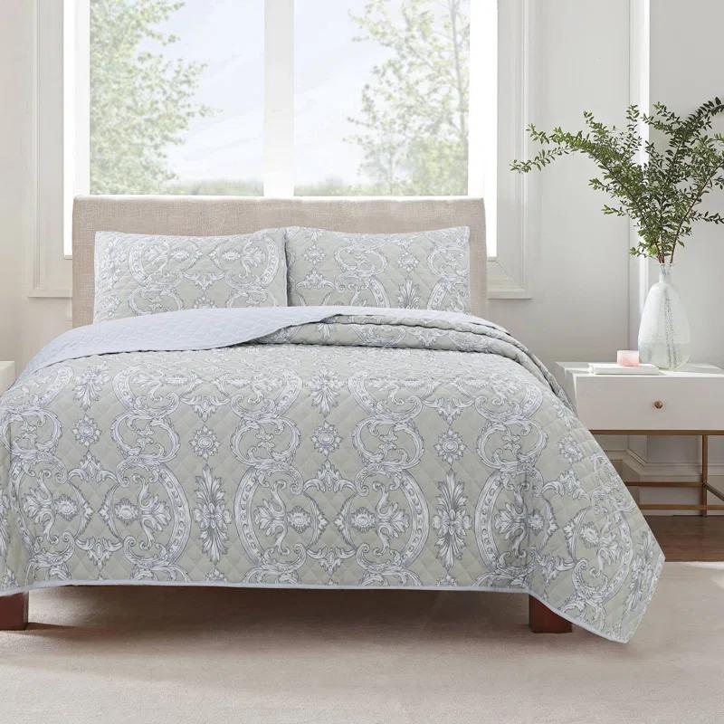 Cozy Line Home Fashion Gray Taupe Floral Majesty Medallion Geometric Shapes Quilt Set